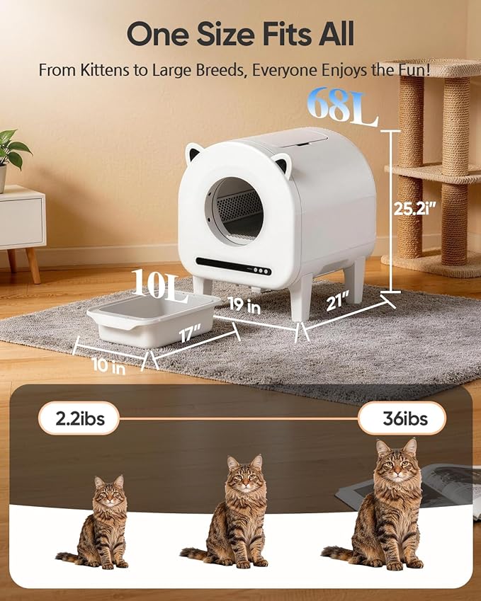 pupbay Automatic Cat Litter Box, Self Cleaning Litter Box 68L Large Capacity for Multiple Cats, App Control with Dual Safety Sensors, Anti-Pinch & Odor Control, Washable Liner & 2 Rolls Trash Bags