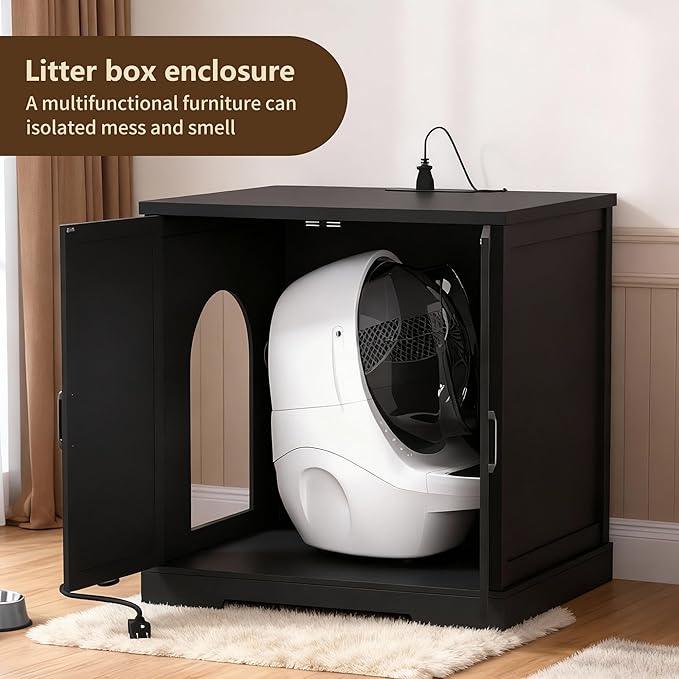 Hey-brother Enclosure for Self Cleaning Cat Litter Box, Large Hidden Litter Box Furniture with Charging Station, Suitable for Automatic Cats Litter Boxes and Robot, Vintage, Black JCLB004BK