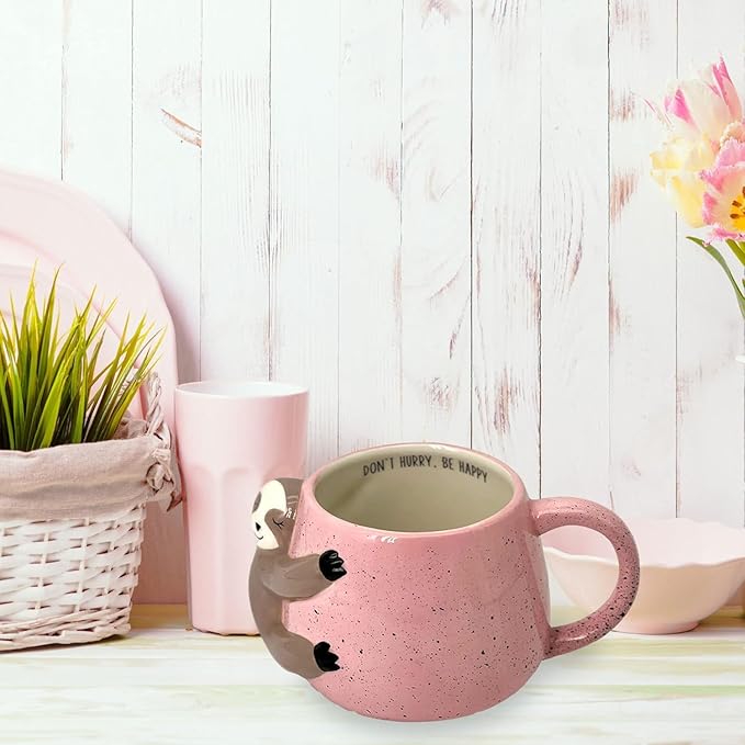 VOTUM Sloth Ceramic Coffee or Tea Mug - Animal Shaped Coffee Cup with Hand Printed Designs Saying “Don't Hurry. Be Happy” - Cute Handmade Gift for Men or Women Sloth Lovers – 18.6 Fluid Ounce