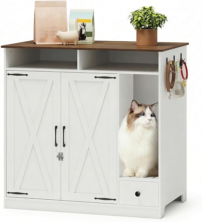 YUSING Large/Tall Cat Litter Enclosure, Litter Box Furniture Hidden, Cat Litter Box Enclosure Cabinet Large with Storage and Pull-Out Drawer for Self-Cleaning Litter Boxes