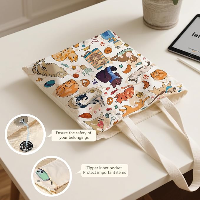 Aesthetic Canvas Tote Bag for Women - with Magnetic Snap Closure & Zipper Inner Pocket Reusable Bag for Shopping