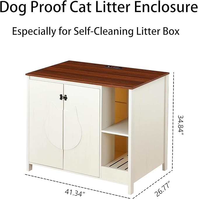Cat-Faced Doors Litter Enclosure,Automatic Litter Box Enclosure for Cat Robot 3/4,Outlet for Litter Box Cabinet,Litter Collector,Dog-Proof Shelf for Cat Washroom Cabinet,Antique White
