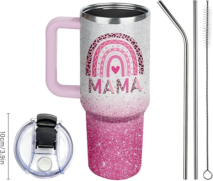 Gifts for Mom - Mama Tumbler 40 oz with Handle and Straw, Leak Proof Insulated Cup - Christmas, Mothers Day Present from Daughter Son, New Mom Gift