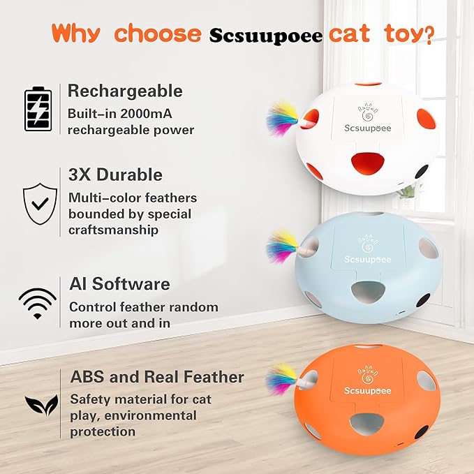 Cat Toys, Rechargeable Interactive Cat Toy, Smart Sensor Pop-Up Feather Toy with 7 Holes, USB Powered Automatic Kitten Toy for Indoor Cats, White