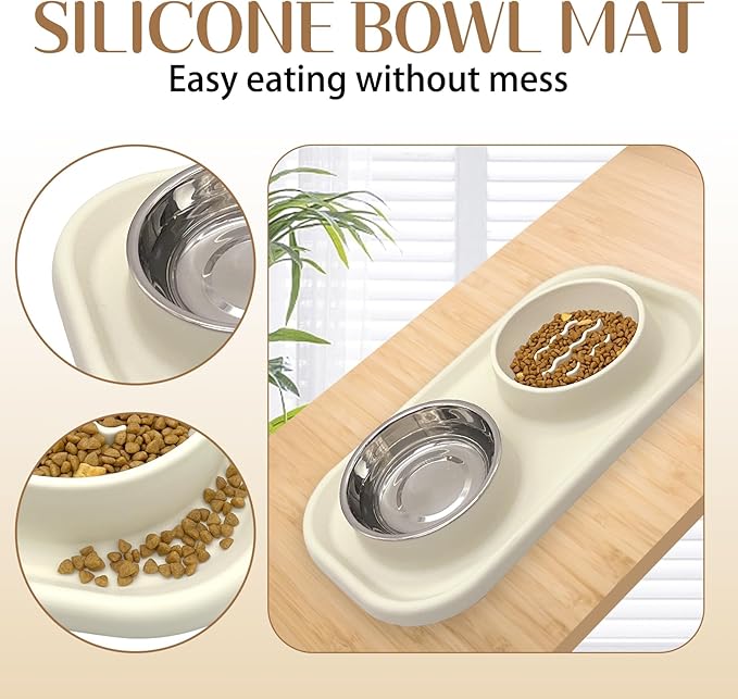 BNOSDM Slow Feeder Dog Cat Bowls, Stainless Steel with Silicone Mat Dog Food and Water Bowls Set, Pet Feeder to Slow Down Eating for Cats, Small Dog