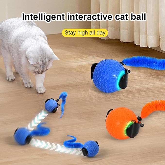 Interactive Cat Toy Ball with Tail, Automatic Moving Cat Balls for Indoor Cats - 360° Rolling, Dual Speed Adjustment, USB Rechargeable