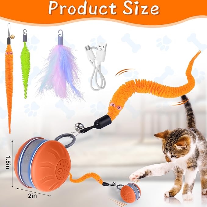 BABORUI Interactive Cat Toy Ball with Music- Automatic Interactive Cat Toys for Indoor Cats with 3 Tails, 2 Speeds Rechargeable Cat Enrichment Toy for Small/Medium/Large Cats to Keep Them Busy(Orange)