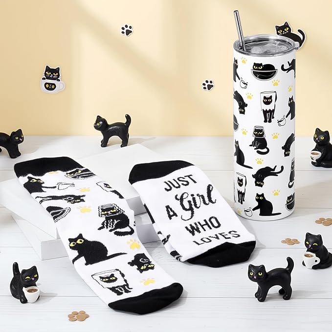 Funnymoom 2 Pack Black Cat Gifts Set for Women 20 oz Skinny Tumbler with Lid Straw Travel Coffee Mug Novelty Cute Animals Socks Mother Day Birthday Party Gifts for Cat Lover