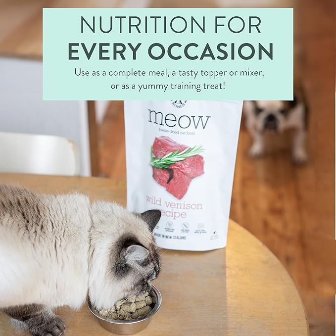 The New Zealand Natural Pet Food Co. Meow Freeze Dried Cat Food - Wild Venison Recipe, High Protein Treats, Meals & Toppers, Dry Cat Food, 1.76 oz