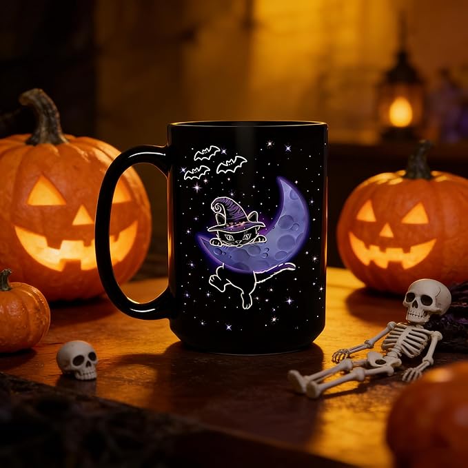 Halloween Witchy Black Cat Coffee Mug, 15oz Gothic Novelty Ceramic Cup, Celestial Moon & Star Spooky Design, Ideal for Hot & Cold Drinks, Cat Lover Gift, Goth Home Decor, Fun Gift for Women & Men