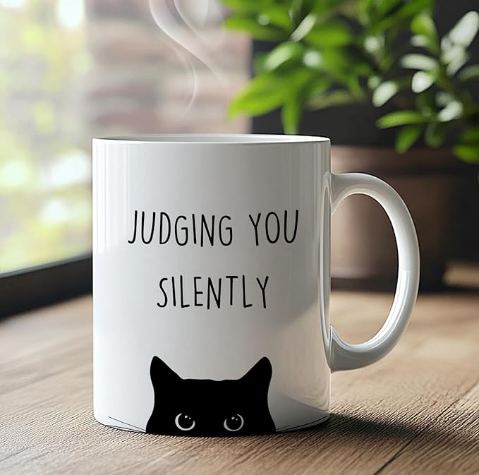 Funny Black Cat Mug, Black Cat Gifts Coffee Cup Ceramic, Cats Lover Lady Mom Dad Gifts, Judging You Silently Funny Kitty Kitten Ceramic Coffee Tea Mug 11 oz