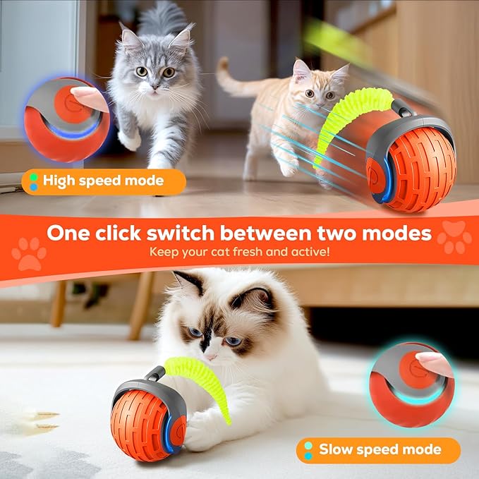 2025 New Interactive Cat Ball Toy for Indoor Cats Rotating Ball Toy,Automatic Moving for Bored Indoor Kitten,360°Automatic Rolling Balls Toy Electric Dogs Cat Balls (Orange)