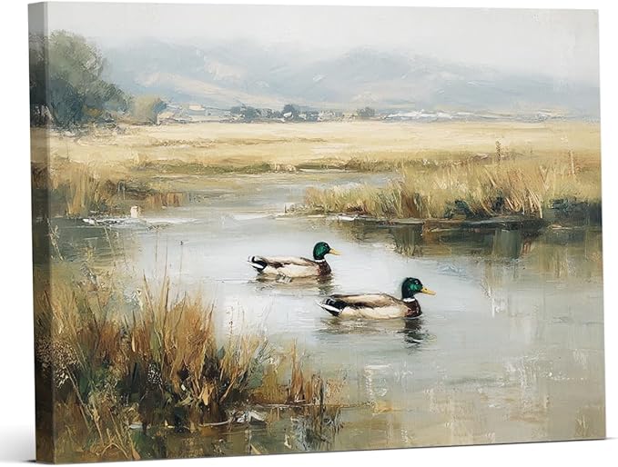 Vintage Mallard Duck Wall Art Decor Rustic Ducks Landscape Print Picture Cottagecore Wall Decor for Farmhouse Home Living Room 8x10 Inch Canvas Framed