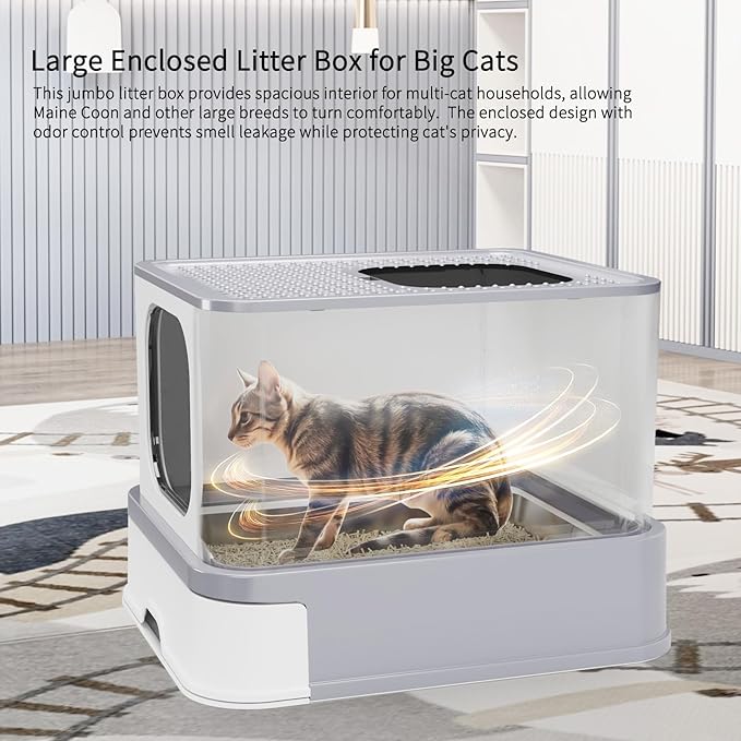 RIZZARI Stainless Steel Cat Box: Light Gray Covered Design with High Sides to Prevent Leaks - Spacious Interior & Non-Stick Coating for Odor Control - Easy-Clean Drawer - Bathroom or Living Room Use