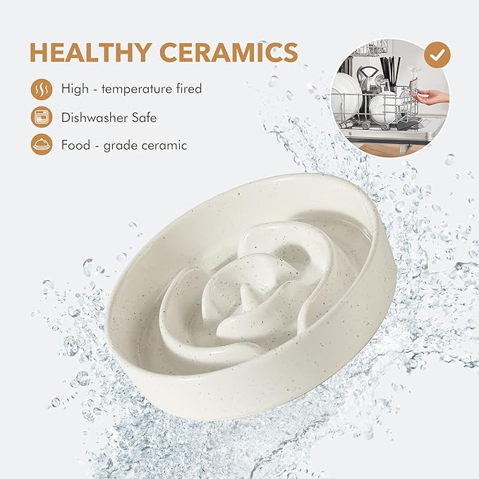 Ceramic 1.6 Cup Dog Bowl Slow Feeder for Large and Medium Dog, 8.2inch Pet Slow Dish, Stop Bloat, Preventing Choking(Single Bowl, Vanilla White)