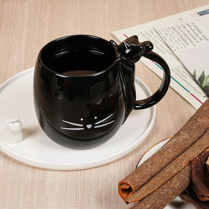 Koolkatkoo Cat Coffee Mug for Women Cute Ceramic Mugs for Cat Lover Tea Cup Black - White