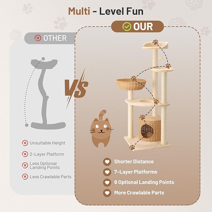 Modern Rattan Cat Tree House Condo Tall Heavy Duty Cat Climbing Tower with Scratching Post,Basket,Bed,and Stand for Indoor Large Adult Cat