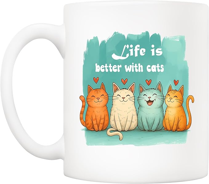 5Aup Cat Owner Coffee Mug Gifts 11 Oz - ‘Life is Better with Cats’ (Even When They’re Little Terrorists), Funny Kitten Design for People Who Speak Cat Code