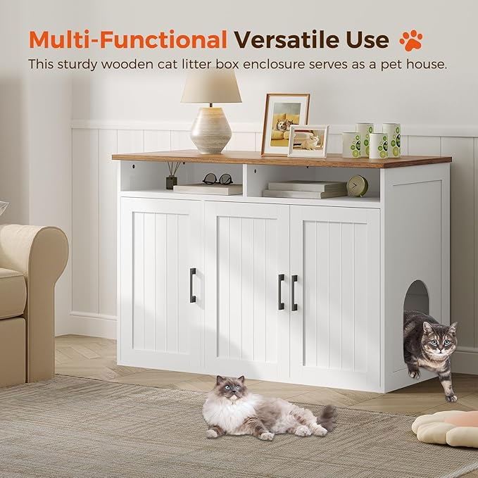 Cat Litter Box Enclosure for Self Cleaning Litter Boxes, Large Hidden Litter Box Furniture with Shelves, Wooden Cat Washroom Storage Cabinet, Automatic Litter Box Enclosure, White CWBZ3001