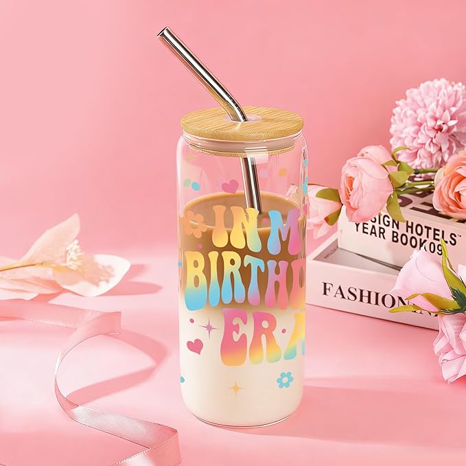 Joeyan Glass Cups with Lids and Straws - 20oz Iced Coffee Cup, Retro Iridescent Birthday Glass Tumbler, Aesthetic Drinking Glasses for Smoothie Boba Tea, Birthday Gift for Women, Her, Friend