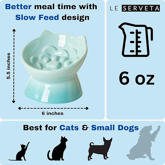 Macarons Series Ceramic Slow Feeder Cat Bowl, Raised Puzzle Feeder, Anti Vomiting Cat Slow Feeding, Elevated Food Bowl, Whisker Friendly Pet Bowl with Cute Ear Design (Gradient Green)