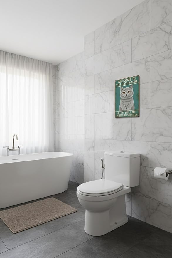 Funny Bathroom Sign Welcome to The Bathroom A Cat Will Be with You Shortly Humorous Restroom Decor Quirky Cat Lover Gift Novelty Aluminum Sign 8x12 Inches British Shorthair