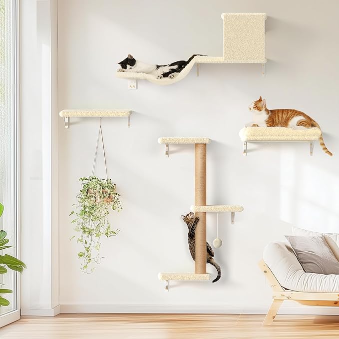 FUKUMARU Cat Wall Shelves, Stable & Safe 4 in 1 Cat Walls Furniture Set, Wooden Kitten Climbing Wall with Scratching Post for 16 Inch Drywall - Beige