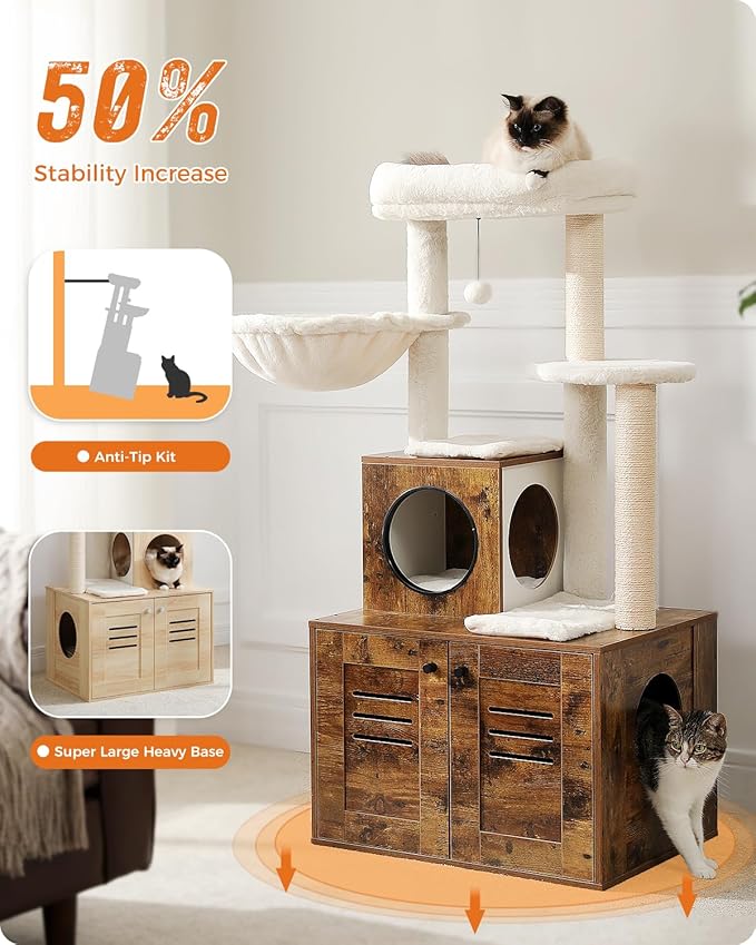 MUTTROS Cat Tree with Litter Box Enclosure, 50" Modern Cat Tree for Large/Fat Cats with Cat Condo, Wooden Cat Furniture with Large Hammock and Top Perch, Rustic Brown