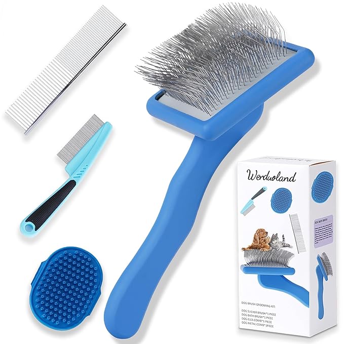 Ergonomic Slicker Brush for Long-Haired Dogs, Wooden Handle Dog Brush,Goldendoodles, Labradoodles, Poodles Long Pins for Grooming Loose Hair，Effectively Removes Tangles, Knots and Loose Fur