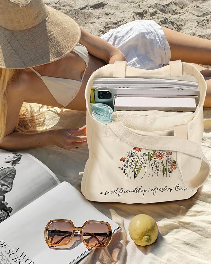 Miss Adola Aesthetic 2 Pack Canvas Tote Bag - with Makeup Zipper Pouch for Women Bag for Shopping, Gym, Travel, Vacation