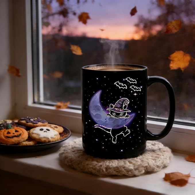 Halloween Witchy Black Cat Coffee Mug, 15oz Gothic Novelty Ceramic Cup, Celestial Moon & Star Spooky Design, Ideal for Hot & Cold Drinks, Cat Lover Gift, Goth Home Decor, Fun Gift for Women & Men