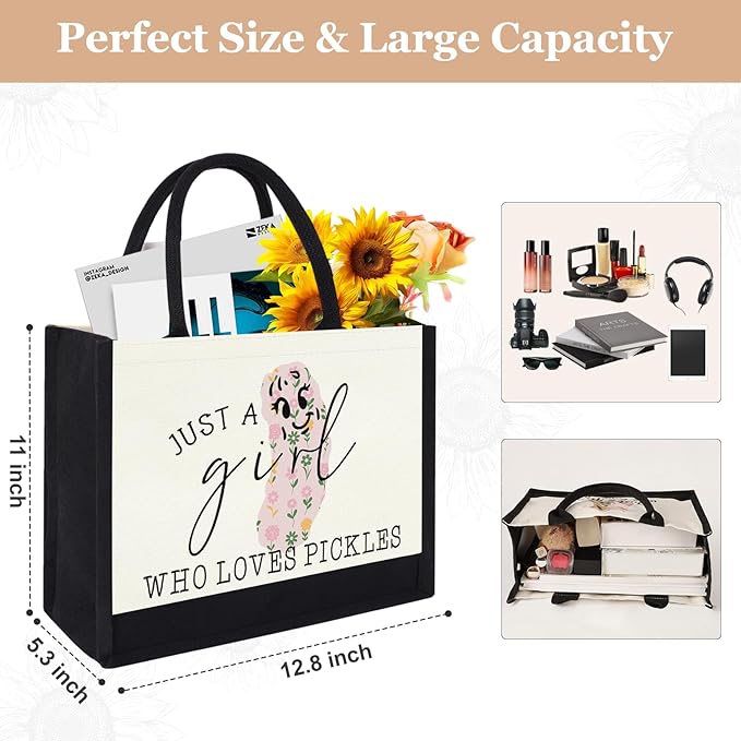 GevGuxLuo Canvas Tote Bag for Women, Cute Pickles Gifts for Pickle Lover,Pickle Lover Gifts Aesthetic Beach Bag Reusable Grocery Bag, Birthday Christmas Gift for Daughter Friend Sister Bestie