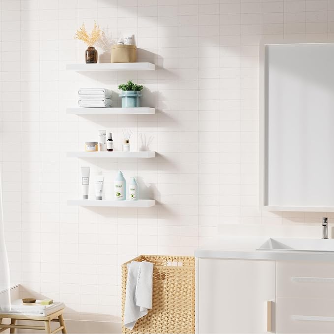 Bellsal Floating Shelves for Wall, White Engineered Wood Wall Shelf Set of 4, 16" Wall Mounted Floating Shelf for Kitchen, Living Room, Bedroom, Bathroom Storage, Book Shelf for Walls Home Decor