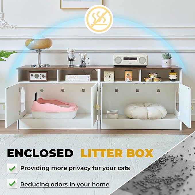 Double Cat Litter Box Enclosure for 2 Cats, 63" Wooden Hidden Cat Litter Box Furniture with Power Outlet, Sliding Bottom Easy Clean, Cat House TV Stand, Walnut
