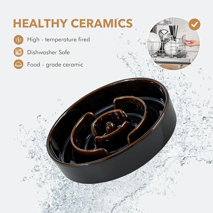 Ceramic 3.2 Cup Raised Slow Feeder Dog Bowl Set, Elevated 8.2inch Bowl and 9.5inch Dish with Acacia Wood Stand for Large Dog, Stop Bloat(2 x Starry Sky+ Stand)