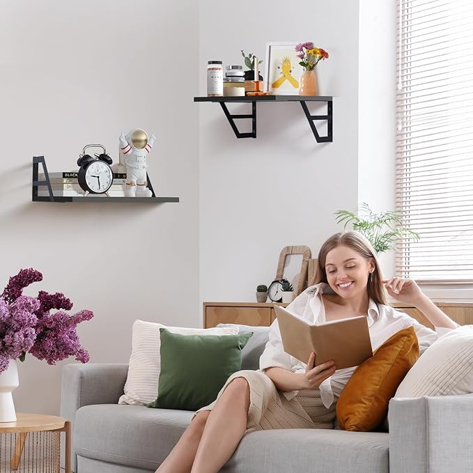 Tectocker-DOU Set of 2 Deep Floating Shelves; Mounted Book Shelf for Living Room, Bedroom Shelves for Wall Decor; Shelves for Wall Storage; Shelving with Metal Brackets, 12 Inches (Black)
