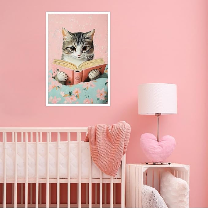 Vintage Cat In Bed Canvas Wall Art Funny Cute Cats Reading Books Poster Retro Pink Girls Room Pet Animal Aesthetic Prints Painting For Home Bedroom Kids Room Dorm Wall Decor 8x12in Unframed