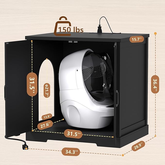 Hey-brother Enclosure for Self Cleaning Cat Litter Box, Large Hidden Litter Box Furniture with Charging Station, Suitable for Automatic Cats Litter Boxes and Robot, Vintage, Black JCLB004BK