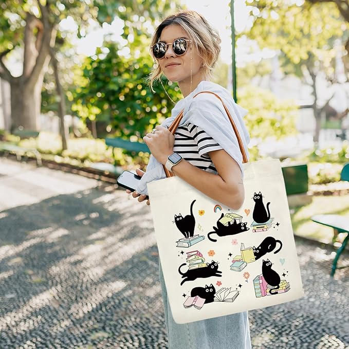 Black Cat Mom Book Lover Tote Bag for Women, Black Cat Gifts for Women Pet Owner, Mother's Day Birthday Kitten Gifts Grocery Lover Books Reader Aesthetics Tote Bag -PI07