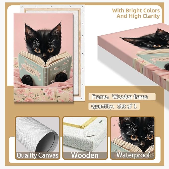 Vintage Cat Canvas Wall Art Funny Cute Cats Reading Books Poster Retro Pink Flower Abstract Animal Aesthetic Prints Painting For Girls Room Bedroom Kids Room Dorm Wall Decor 8x12in Framed