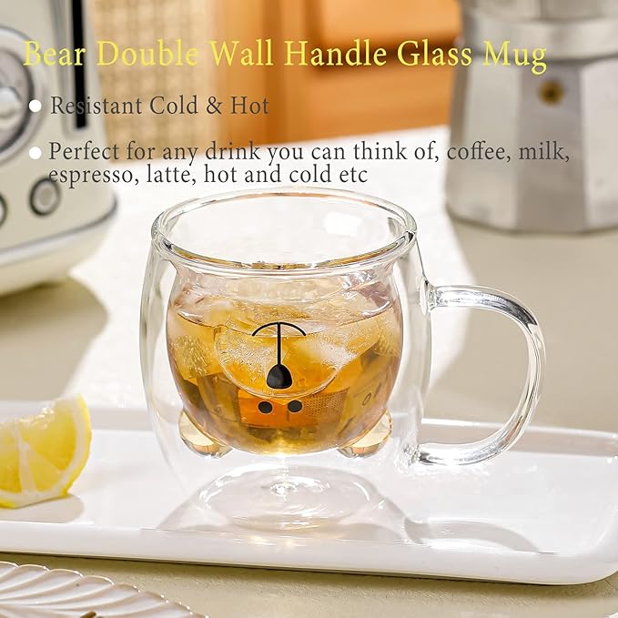 Binoster Bear Cute Mugs Kawaii Double Wall Glass Coffee Tea Mill Yogurt Cup Funny Novelty Gift for Women Her Friends Office Birthday Christmas (Bear with handle)