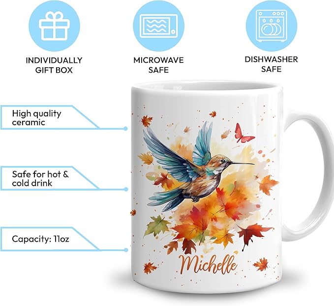 Hyturtle Personalized Fall Hummingbird Maple Leaves Mug - Birthday Gifts For Hummingbird Lovers - Fall Autumn Decor Gifts For Farmhouse Thanksgiving - Custom Name 11oz White Ceramic Coffee Tea Mug