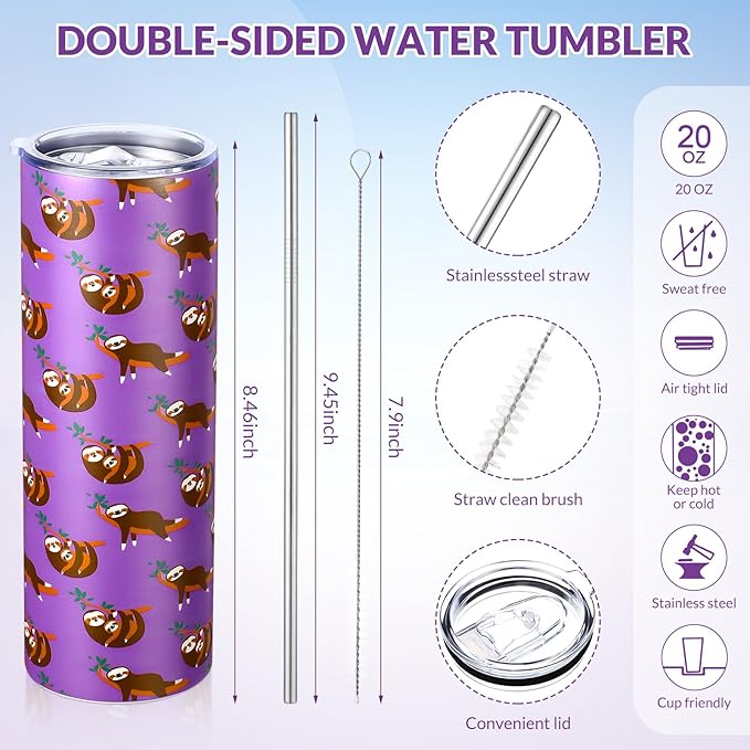 Funnymoom 2 Pack Sloth Gifts Set Skinny Tumbler 20 oz Travel Coffee Mug Novelty Socks Cute Animals Socks, Christmas Birthday Gifts for Sloth Themed Party Favors