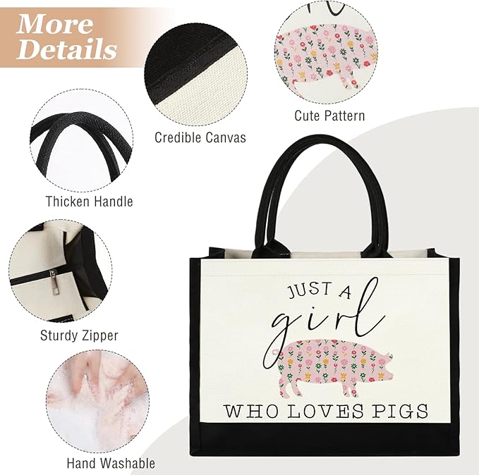 Canvas Tote Bag for Women, Cute Pig Gifts for Pig Lover, Animal Lover Gift AestheticTote Bag Reusable Grocery Bag, Birthday Christmas Gift for Mom Daughter Friends Sisters Bestie Who Loves Pigs