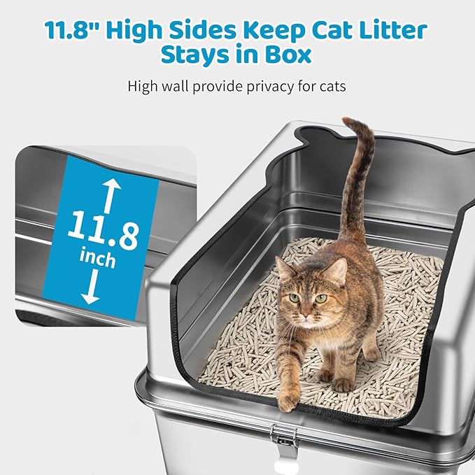 Extra Large Stainless Steel Cat Litter Box, 27.5" L x 19.7" W x 12" H XXXL Semi Enclosed Removable Metal Litter Tray with High Sided Enclosure, Scoop, Anti-Leakage, Non-Sticky, Easy Cleaning