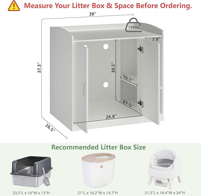 Extra Large Litter Box Enclosure with Adjustable Dog Proof Shelf - Designed for Self-Cleaning and XXL Litter Boxes (White)