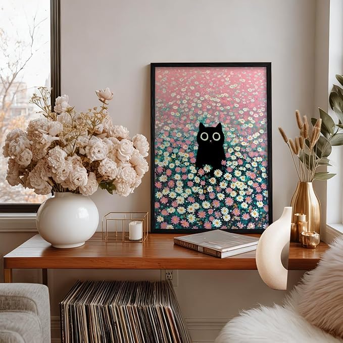 Black Cat Canvas Wall Art, Cute Cat In Daisies Meadow Aesthetic Poster, Adorable Animal Picture, Pink White Flowers Print Painting for Bedroom, Nursery Wall Decor Pet Lover Gift 24x36in Framed
