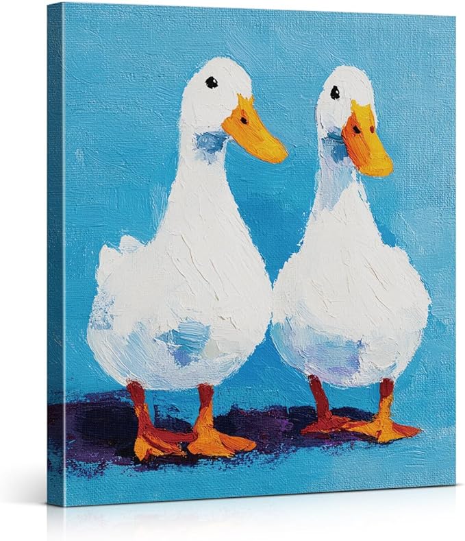 Vintage White Ducks Wall Art Decor Cute Rustic Duck Print Picture Cottagecore Wall Decor for Home Farmhouse Living Room 8x10 Inch Canvas Framed