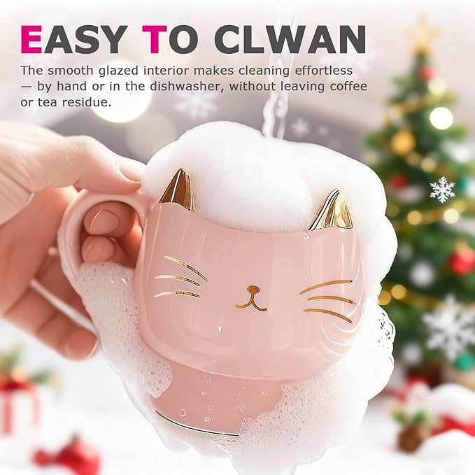 Christmas Mugs High-Footed Ceramic Cat Mug – 13.5oz Unique Coffee Cup with kitty Expression Design, Fun Gift for Women, Girls, Kids, Cat Lovers (pink)