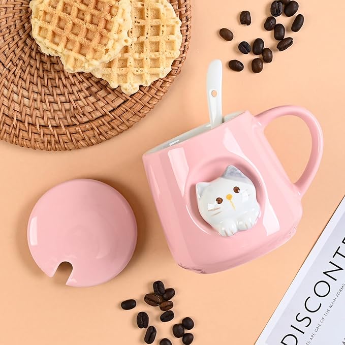 FrutPunch Ceramic Cute Coffee Mug, 12.8 oz Funny Coffee Mug with Lid and Spoon, Fun Gift for Women, Girls, Kids, Cat Lovers, Mothers Day